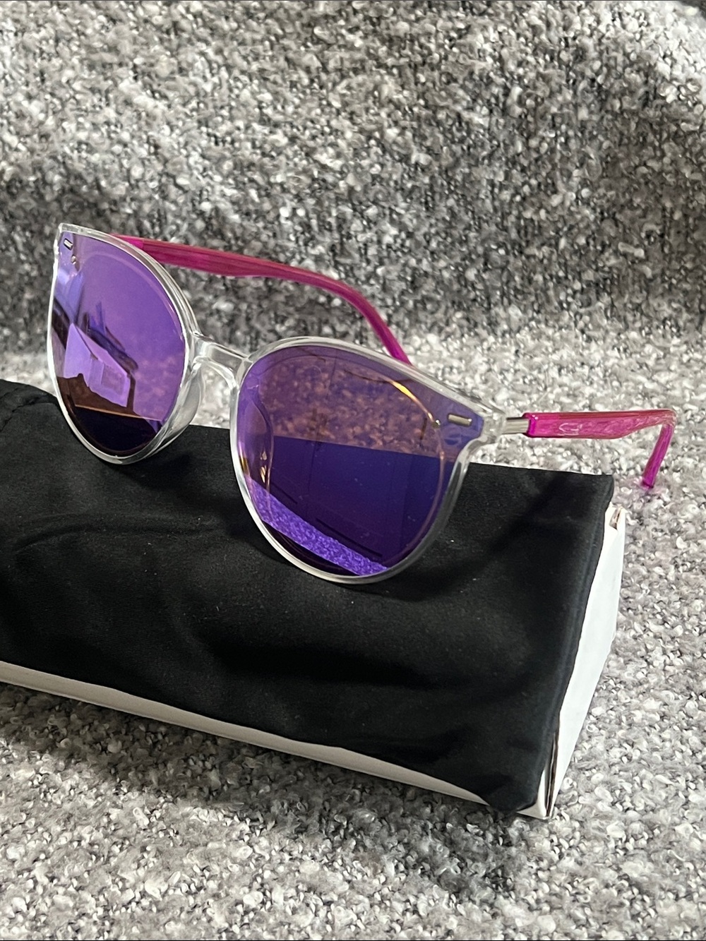 New clear Frame Sunglasses with Purple Mirrored Lenses and Pink Temples